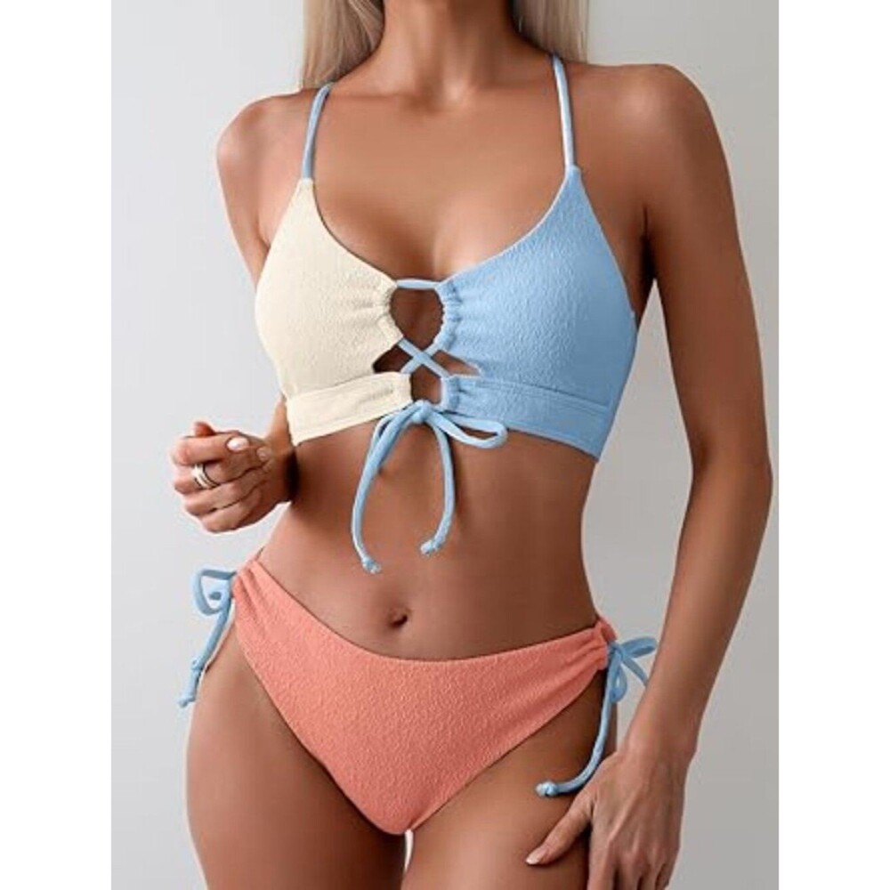 Tie Bikini Top Set Sexy Push Up 2 Piece Swimsuit Color Block Bathing Suit M